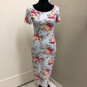 Floral scoop neck midi dress- pink flowers on blue